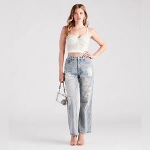 WINDSOR - Glitzy Icon Rhinestone High-Rise Draped Straight-Leg Jeans